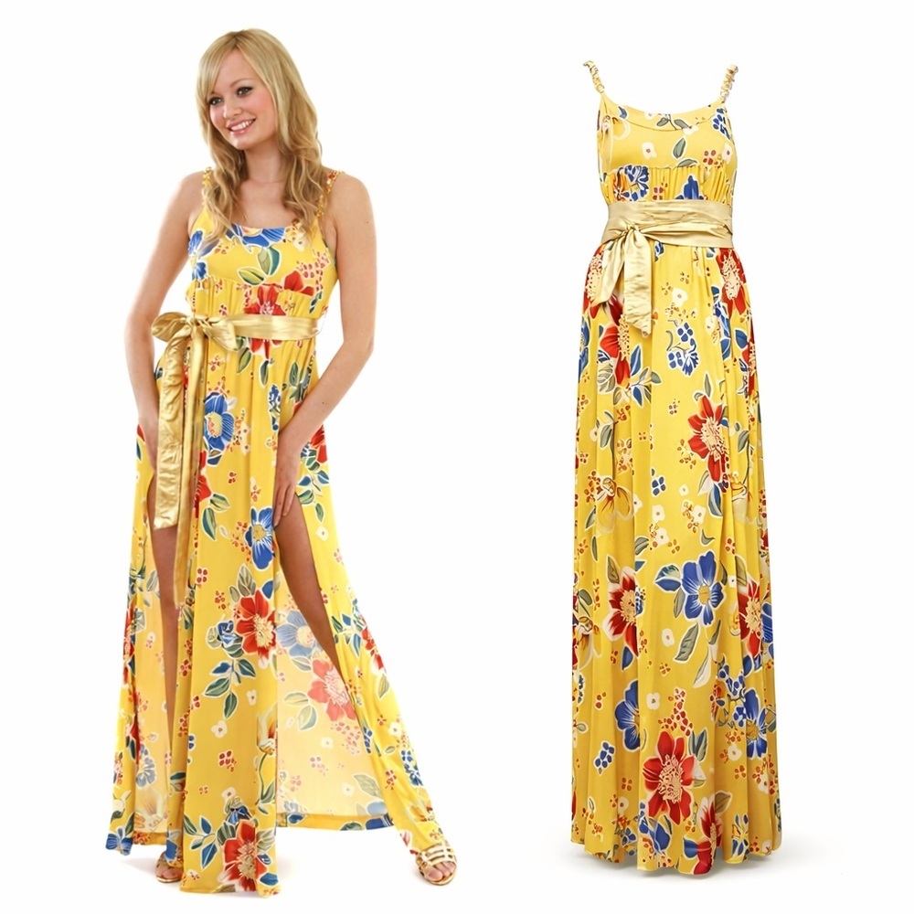 D&G Yellow Print Gold Belted Chain Trim Maxi Dress Size 44